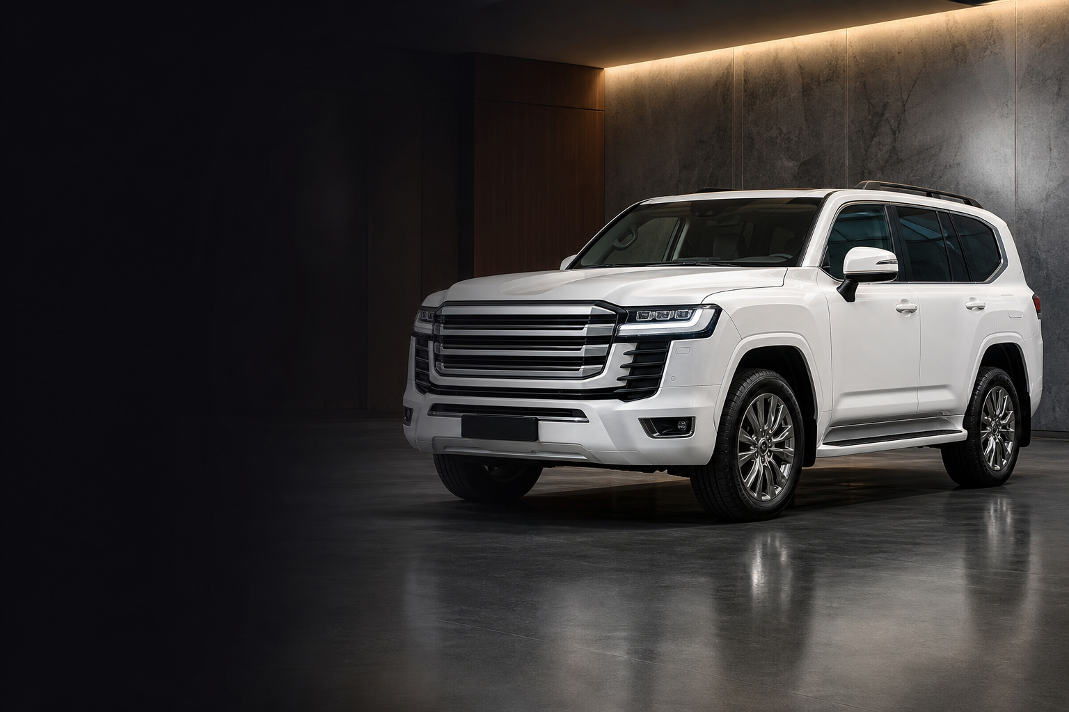 Premium white SUV in showroom
